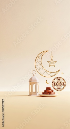 Vertical Composition with Golden Moon and Prayer Beads