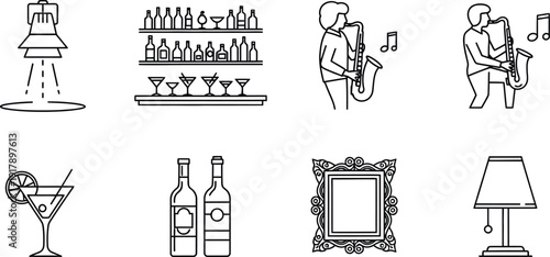 A collection of line art icons representing various bar and nightlife elements.