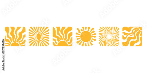 A set of six yellow sun illustrations in various stylized designs, suitable for summer and nature themes