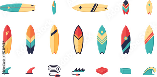 Colorful Surfboard Set with Fins, Leash, Wax, and Ocean Wave Elements for Summer Beach Water Sport Vector Collection.