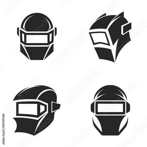 Four black and white futuristic helmet with visors