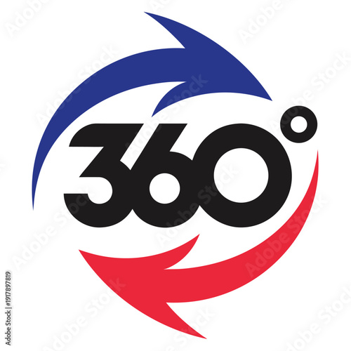 Colorful 360 degree symbol with blue and red swirls