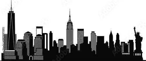 New York City Skyline Silhouette with One World Trade Center Empire State Building and Statue of Liberty Vector Illustration