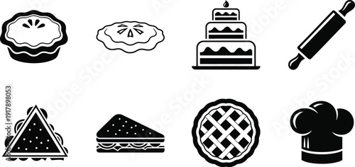 Assorted baked goods and pastry icons in black and white illustration.