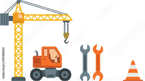construction crane with tools and traffic cone on white background