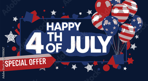 American patriotic banner with balloons and stars, Happy 4th of July special offer, vector illustration
