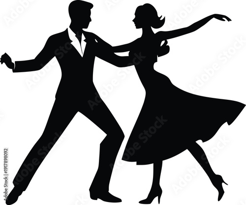 Dancing couple, elegant partner dance poses, romantic movement, ballroom and swing dance lifestyle, celebration and love concept silhouette vector illustration