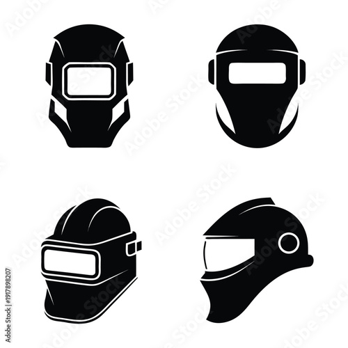 Four Different Types of Protective Helmets in Black and White protective gear safety helmet