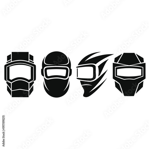 Four Different Stylized Motorcycle Helmets in Black and White protective gear