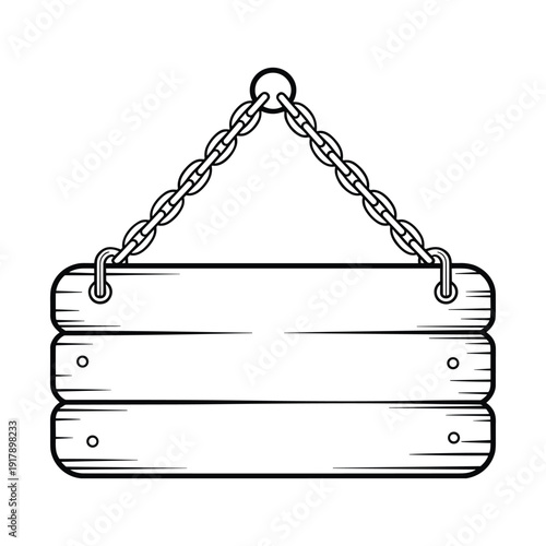 Simple handdrawn wooden sign with three planks hanging from a metal chain for a rustic design