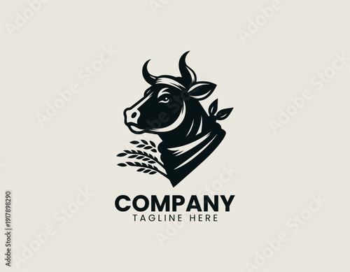 cow head styled from the side, wearing a bandana and holding wheat straw in its mouth black vector logo illustration white background