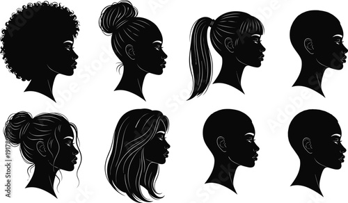 Women Face Profile Silhouette Set with Diverse Hairstyles Afro Bun Ponytail Short and Long Hair Vector Illustration