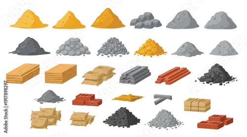 construction materials icons sand gravel bricks wood and metal isolated on white background