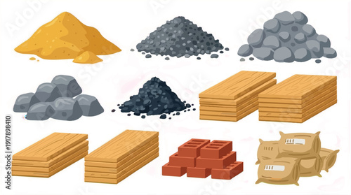 construction materials including wood planks and cement on white background
