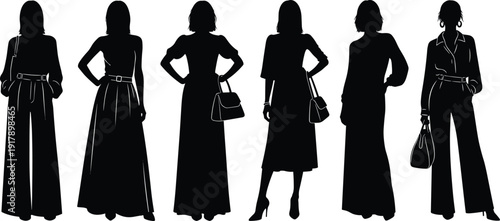 Elegant Women Silhouette Collection Featuring Fashionable Outfits with Dresses Handbags and Stylish Poses Black Vector Illustration Set