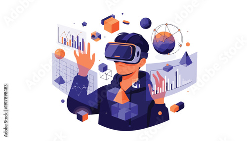 A person wearing a virtual reality headset interacting with abstract data visualizations and geometric shapes in a digital environment.