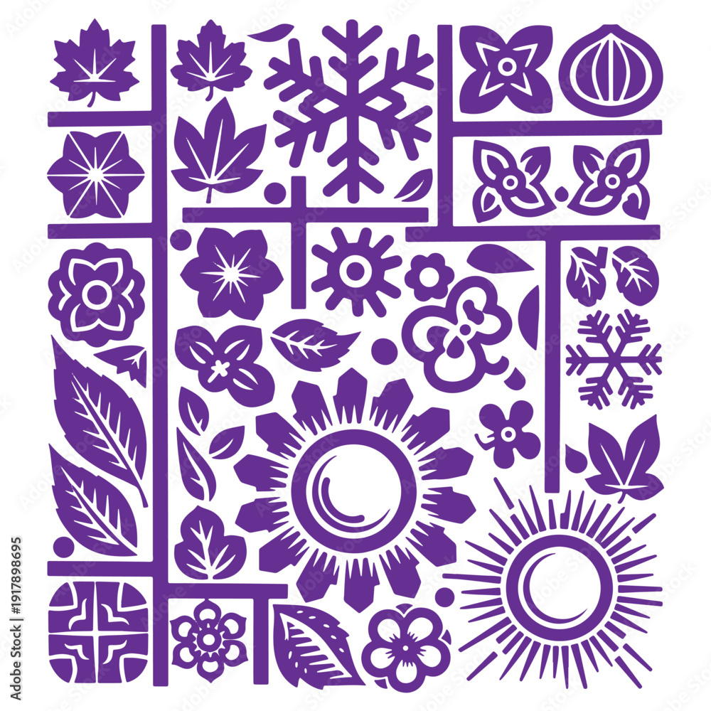Fototapeta premium Vibrant Purple Floral Pattern Design with Sun and Moon Motifs Isolated on Transparent Background