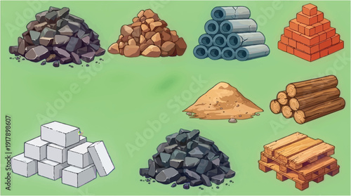 construction materials icons with piles of rocks and logs