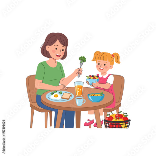 Mother feeding daughter healthy breakfast with fruits and vegetables, happy family meal