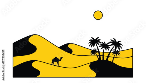 A stylized desert landscape with yellow and black sand dunes, a camel, an oasis with palm trees, and a yellow sun.