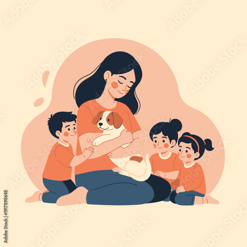 Mother with children and puppy, family love, care, happiness, domestic animals, togetherness
