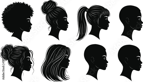 Women Profile Silhouette Collection with Various Hairstyles Afro Bun Ponytail Short and Long Hair Black Vector Illustration Set