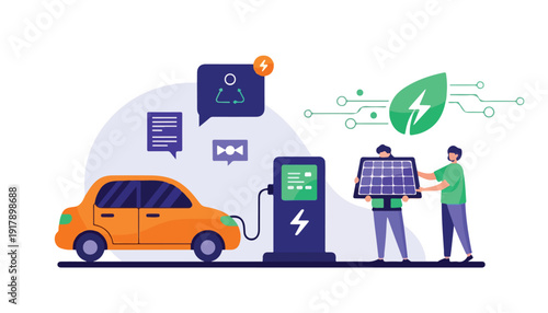 Illustration of an electric car charging at a station with people holding a solar panel, representing sustainable energy and green technology.