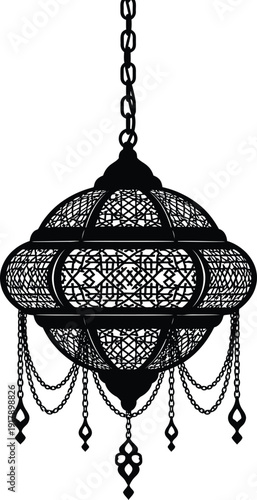 A beautiful black chandelier with intricate designs and hanging chains.