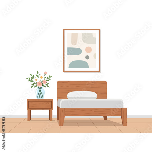 Cozy Bedroom Corner: Bedside Table, Flowers, and Abstract Art