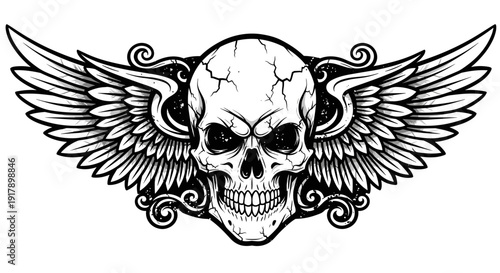 Black and White Skull with Wings Illustration.