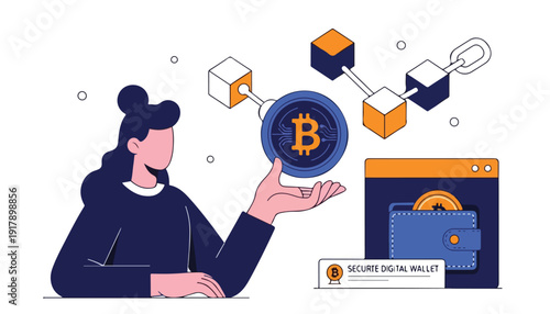 A woman interacting with Bitcoin and blockchain technology, representing secure digital transactions and cryptocurrency.