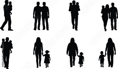 Family Silhouette Collection Featuring Parents with Children Walking Holding Hands and Carrying Kids Black Vector Illustration Set