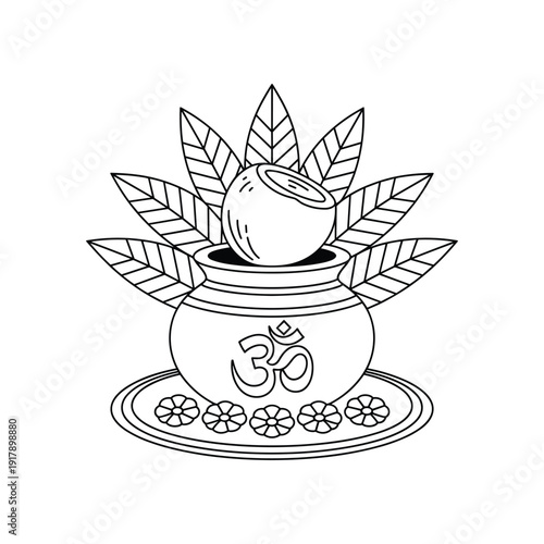 Traditional Indian Kalash symbol with Om sign and coconut isolated on transparent background for religious ceremonies