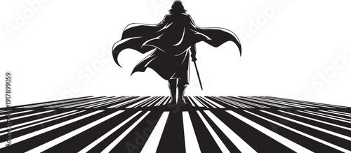 Silhouetted Warrior Standing on Barcode Ground in Minimalist Black and White Vector Illustration