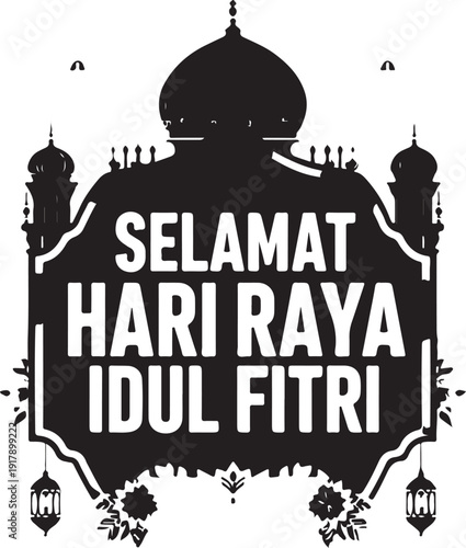 Black and white illustration celebrating the eid al-fitr festival greeting