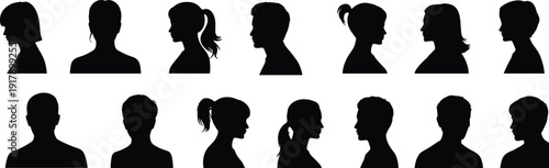 Collection of fourteen black silhouette human head profiles featuring diverse hairstyles and gender representation, side view illustrations ideal for facial recognition, modeling, and design projects