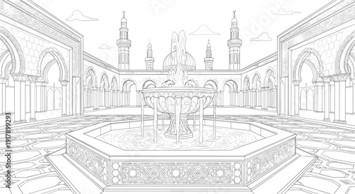 Detailed Architectural Sketch of Courtyard Fountain.