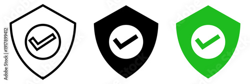 Shield check mark icon or security shield protection icon with tick symbol. green security shield icon