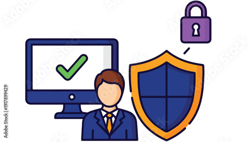 Digital security concept with a businessman, computer, shield, and padlock representing data protection and online safety.