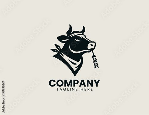 cow head styled from the side, wearing a bandana and holding wheat straw in its mouth black vector logo illustration white background