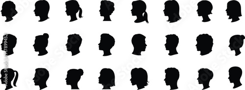 Grid of twenty-four human head silhouettes with diverse hairstyles and profiles, male and female figures, black outlines on white background for design, illustration, identity, diversity concepts