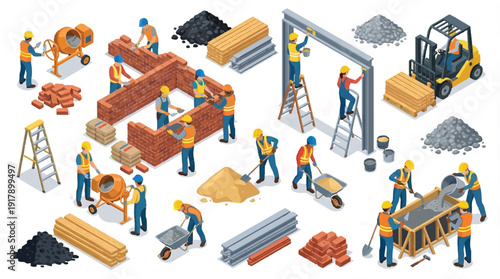 construction workers building a house with bricks and machinery