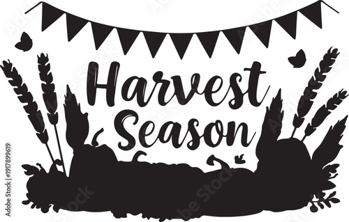Black and white illustration celebrating the harvest season with festive decorations.