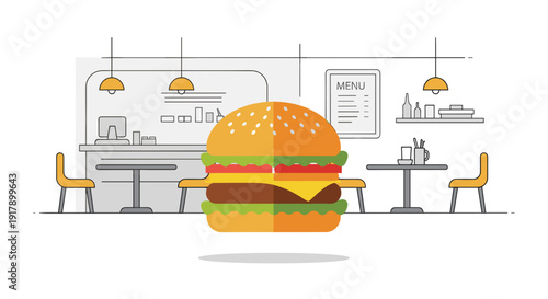 Illustration of a Cheeseburger with Lettuce and Tomato.