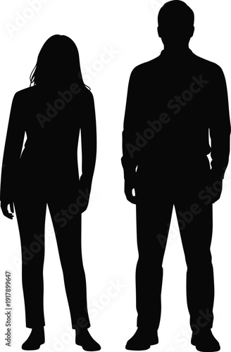 Silhouette illustration of two standing people, taller and shorter figures side by side, anonymous human shapes representing gender, height comparison, diversity, equality, teamwork concept