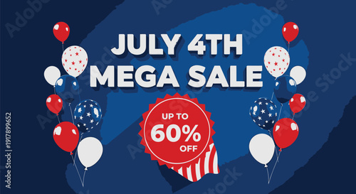 Patriotic sale banner with balloons and discounts, July 4th sale up to 60 percent off
