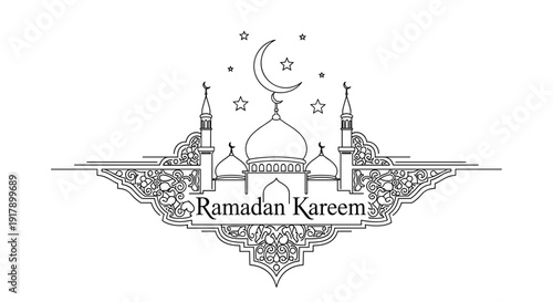 Ramadan Kareem Mosque Illustration with Crescent Moon.