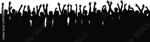 Silhouettes of cheering crowd with raised arms, abstract artistic illustration symbolizing unity, celebration, enthusiasm, and collective energy for event, concert, rally, or gathering stock design