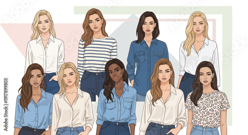 Diverse group of young women, stylishly dressed in casual tops and denim, showcasing modern fashion trends and feminine appeal