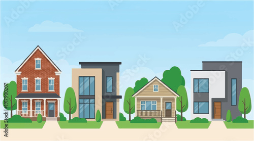 four modern houses with trees and bushes on a sunny day with blue sky